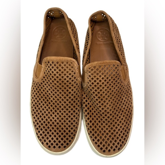 Tory Burch Jesse Suede Perforated Sneaker Tan Sz 9 Slip On - Picture 2 of 10